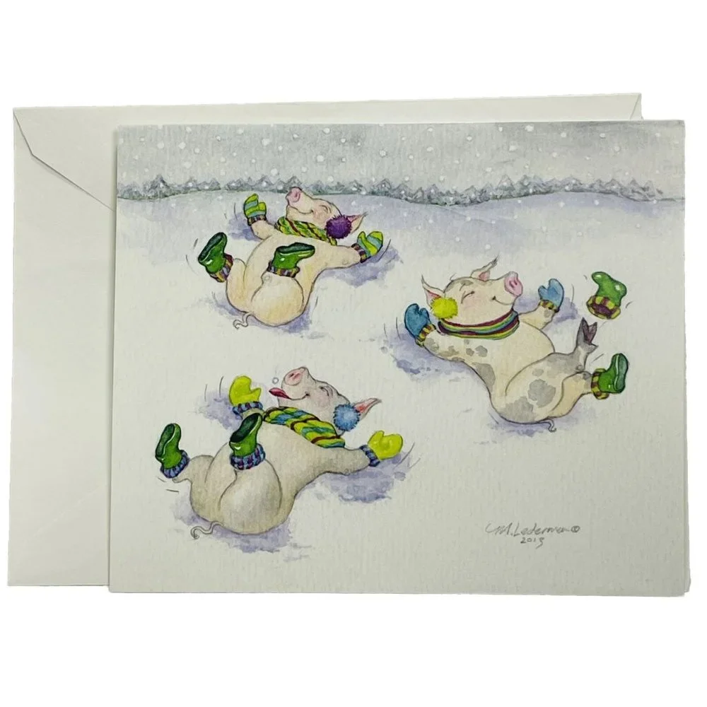 Laughing Pigs Christmas Card M Lederman 2013 envelope Single Heifer